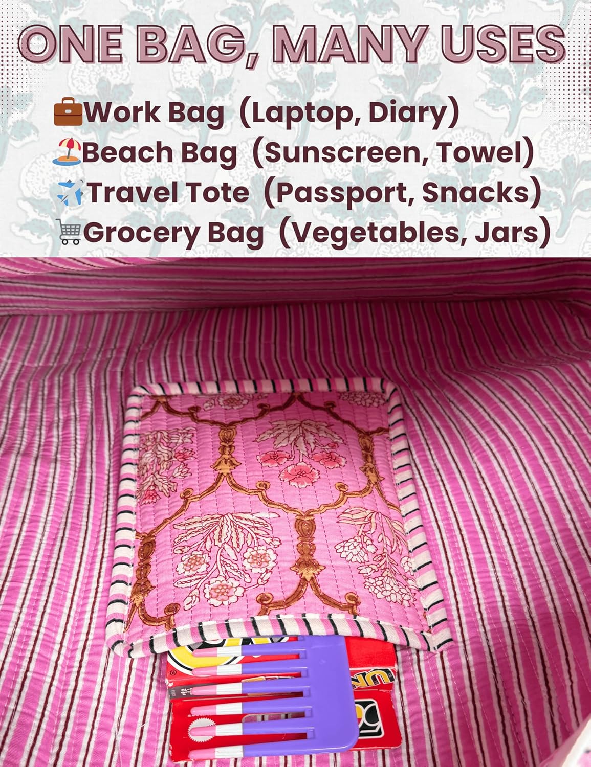 Cotton Quilted Tote Bag for Women – Large Beach & Travel Tote with Zipper, Reusable Grocery Bag