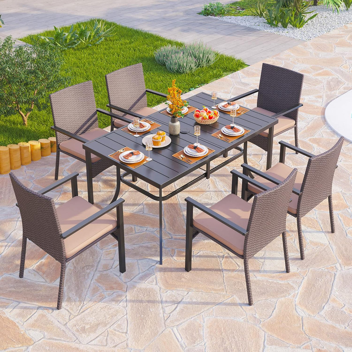 PHI VILLA Outdoor Wicker Chairs Set of 2, Rattan Covered Metal Armchairs with Removable Cushion, Heavy Duty Furniture Set for Patio, Deck, Porch, Yard