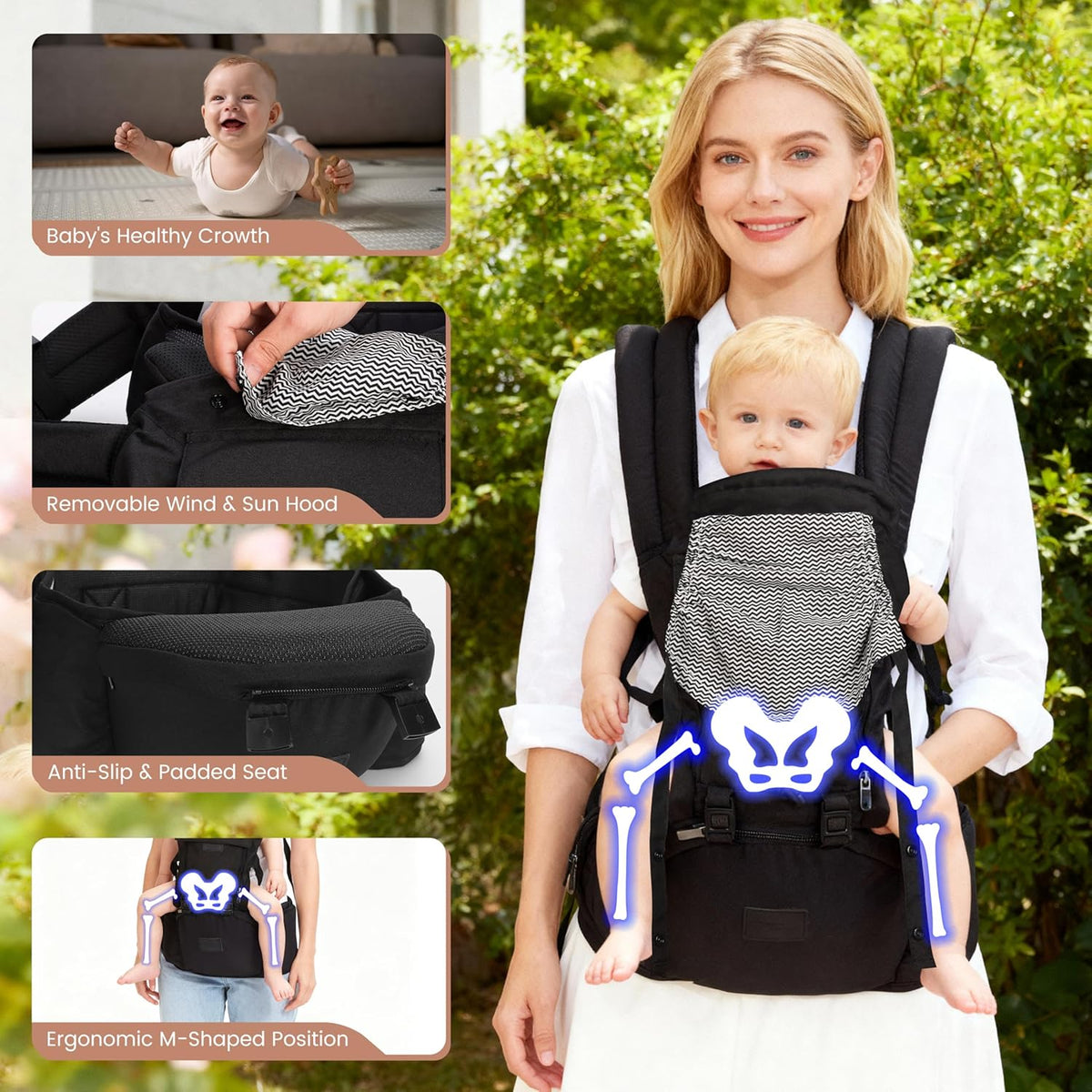 Baby Carrier Newborn to Toddler, 6-in-1 Baby Carrier with Hip Seat Lumbar Support 7-45lbs, Baby Soft Carrier for All Seasons & Positions, Adjustable Size for Shopping Hiking Travelling Black