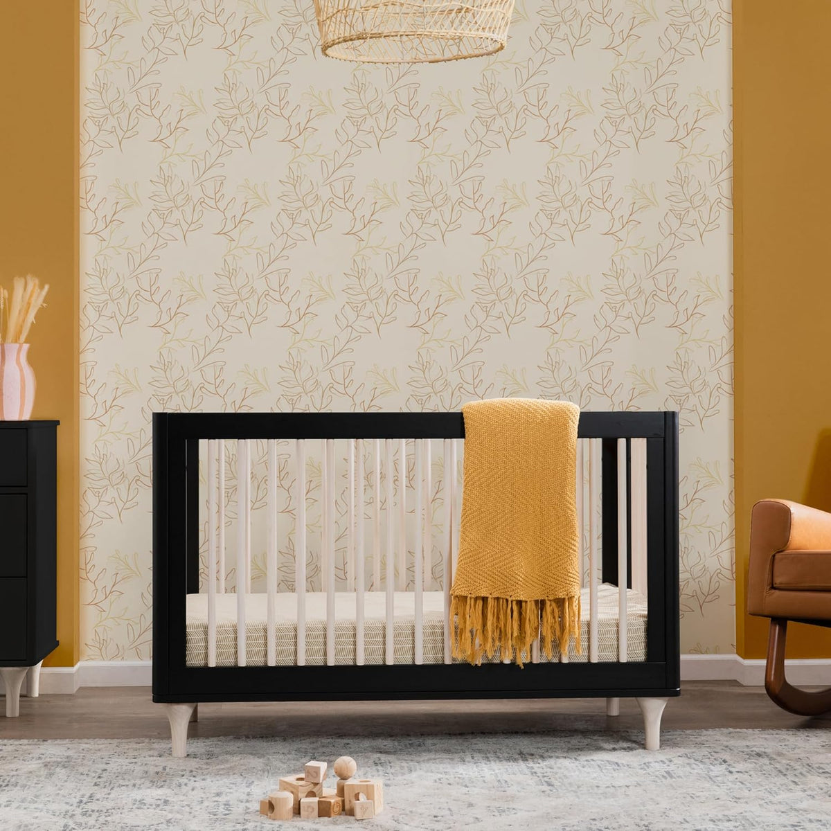 Babyletto Lolly 3-in-1 Convertible Crib with Toddler Bed Conversion Kit in Black and Washed Natural, Greenguard Gold Certified