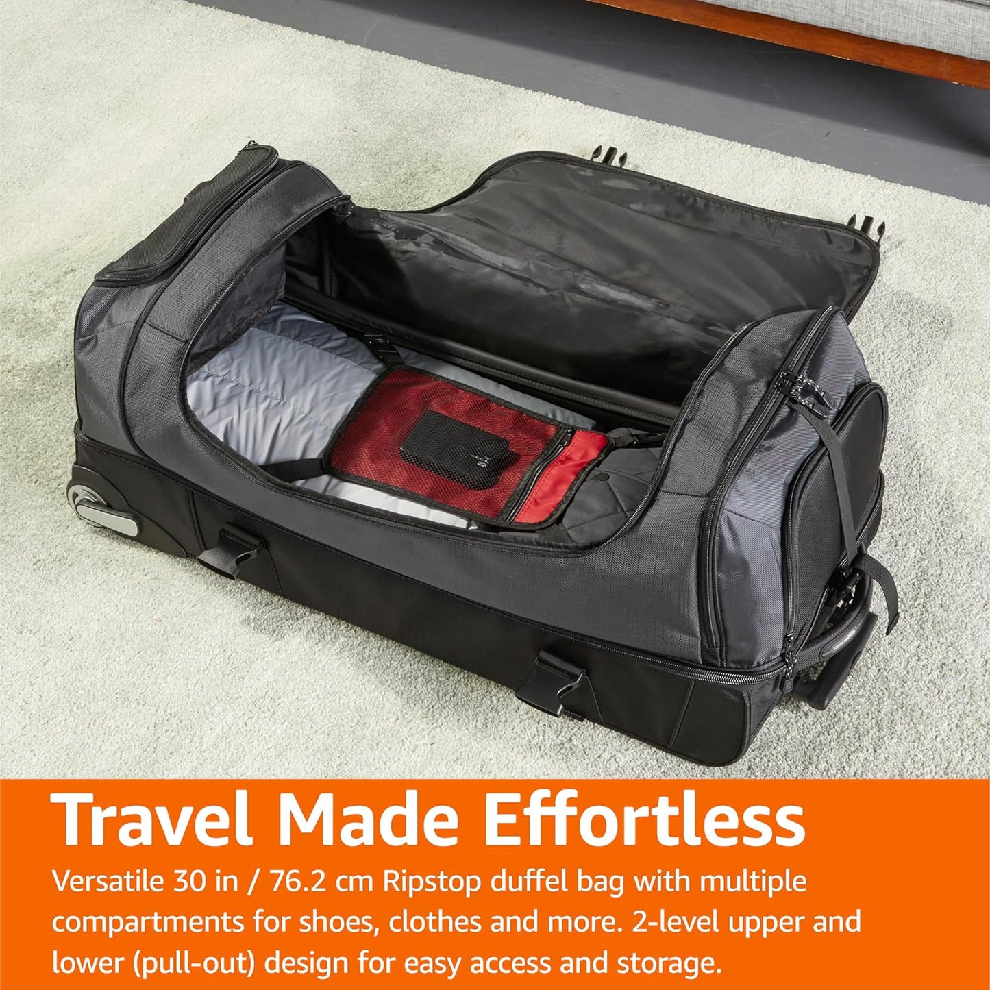 Amazon Basics 30-Inch Large Rolling Duffle Bag with Wheels and Handle, Travel Duffle Bag with Durable Ripstop Polyester Material, 2 Layers of Space, Multiple Interior and Exterior Pockets, Black