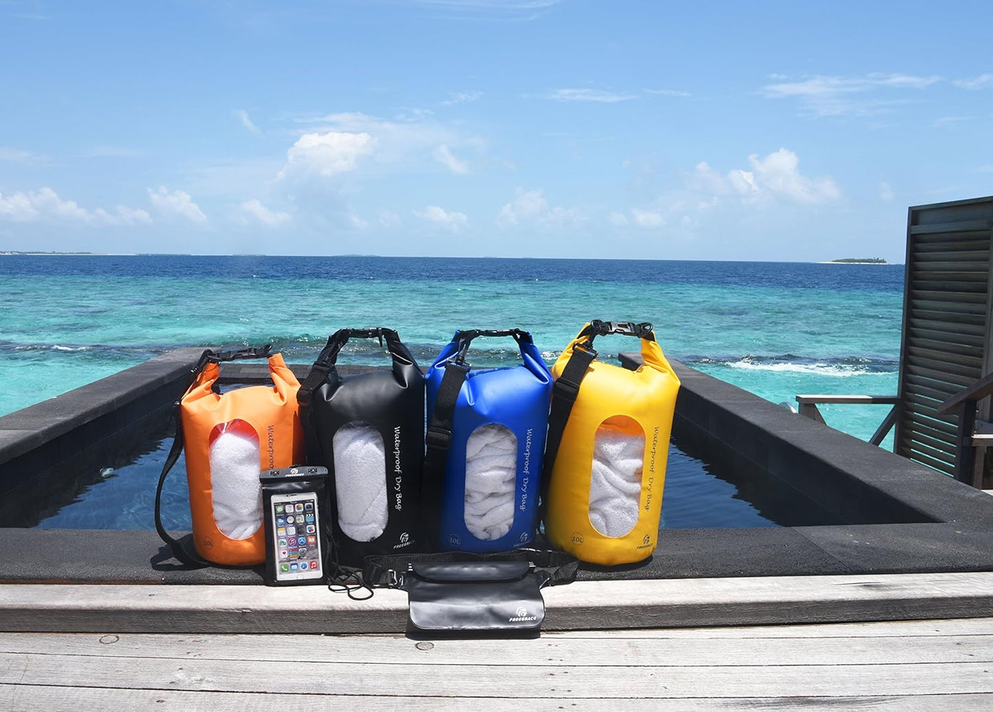 Freegrace Waterproof Dry Bags Set of 3 Dry Bag with 2 Zip Lock Seals & Detachable Shoulder Strap, Waist Pouch & Phone Case - Can Be Submerged Into Water - for Swimming (Black(Window), 20L)