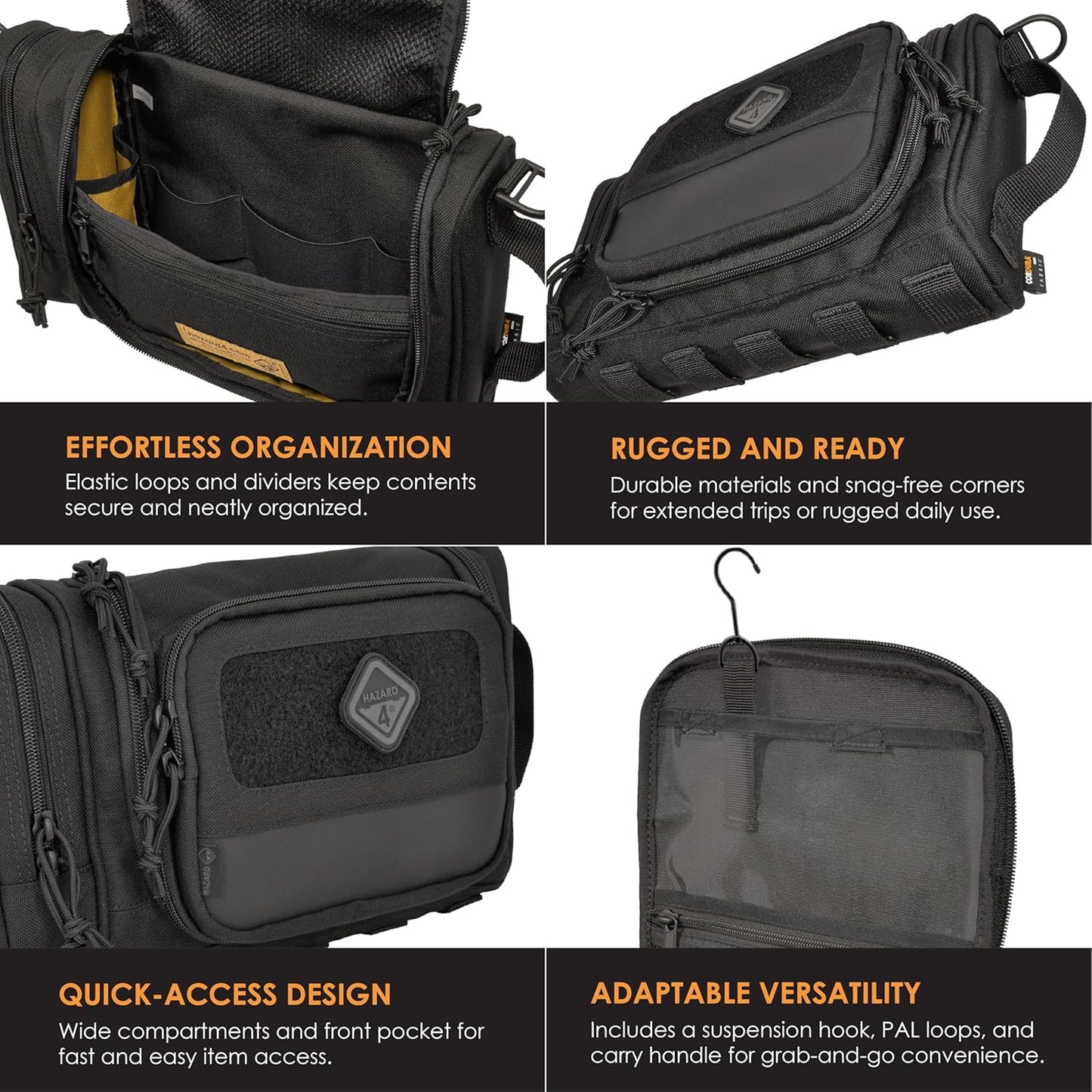 HAZARD 4 Reveille: Rugged Grooming Kit/Heavy-Duty Toiletry Bag - Black, 11.8 x 8.3 x 4.7 inches