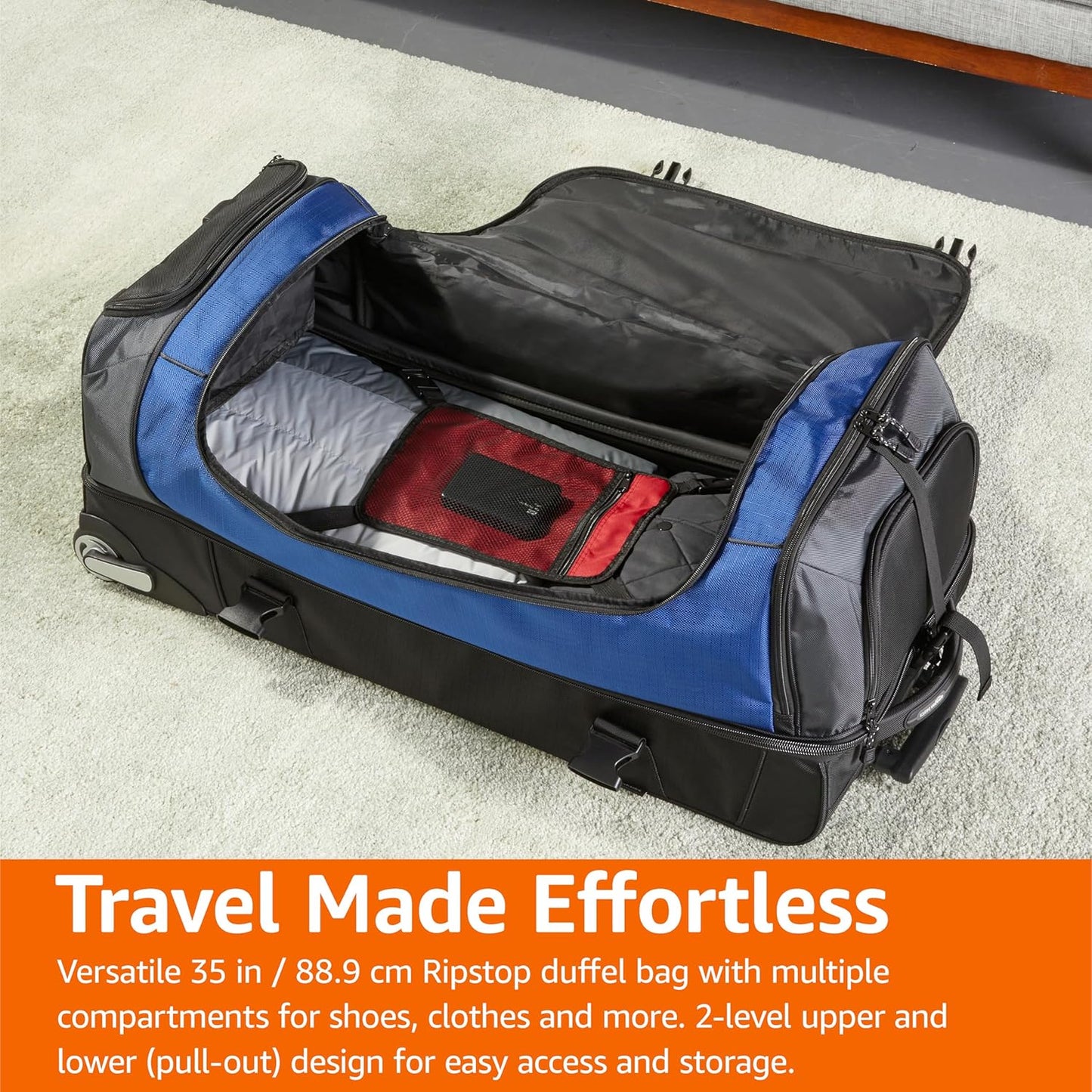 Amazon Basics 35-Inch Large Rolling Duffle Bag with Wheels and Handle, Travel Duffle Bag with Durable Ripstop Polyester Material, 2 Layers of Space, Multiple Interior and Exterior Pockets, Blue