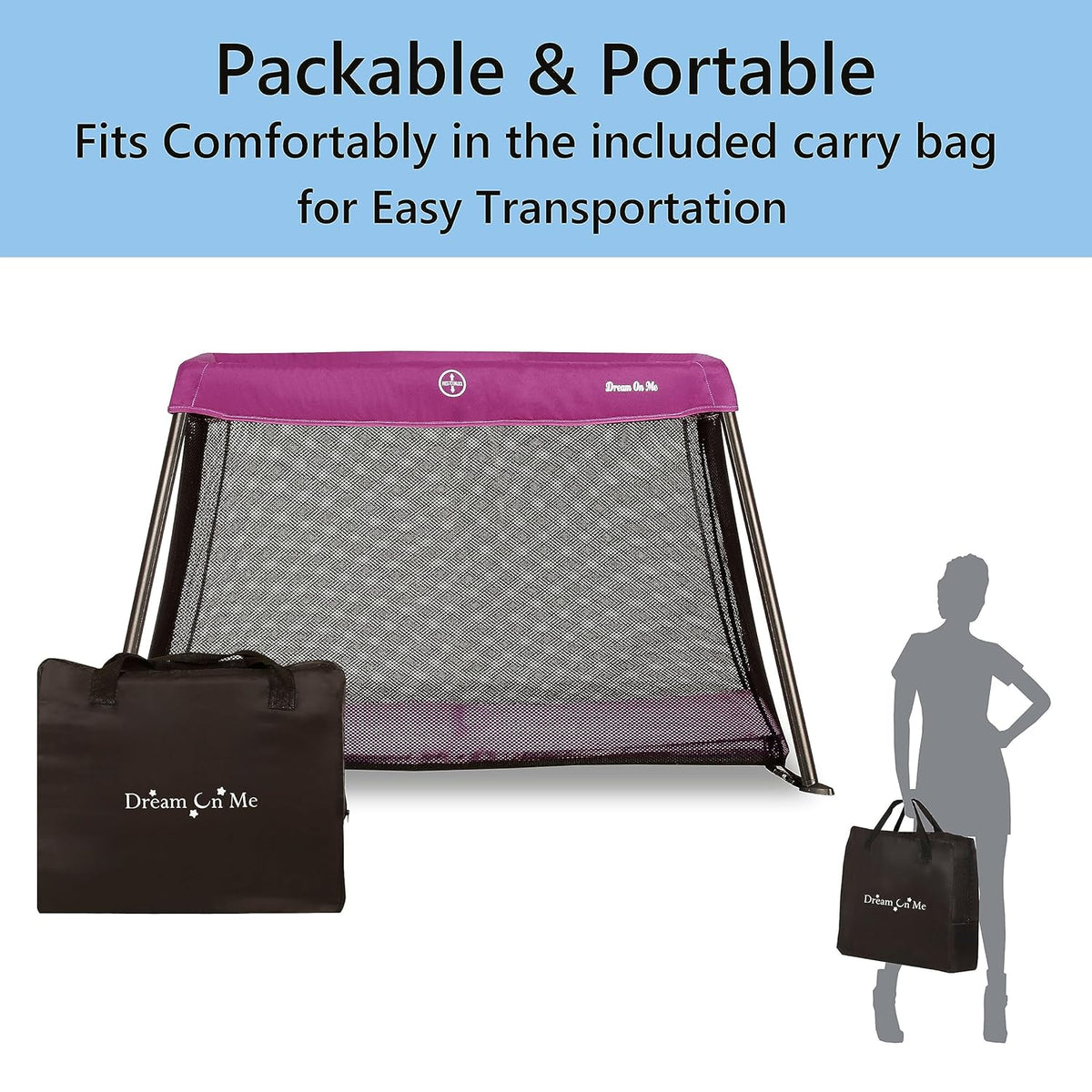 Dream On Me Travel Light Playard | Award-Winning Portable Baby Play Yard & Travel Crib | Lightweight Foldable Design with Padded Mattress