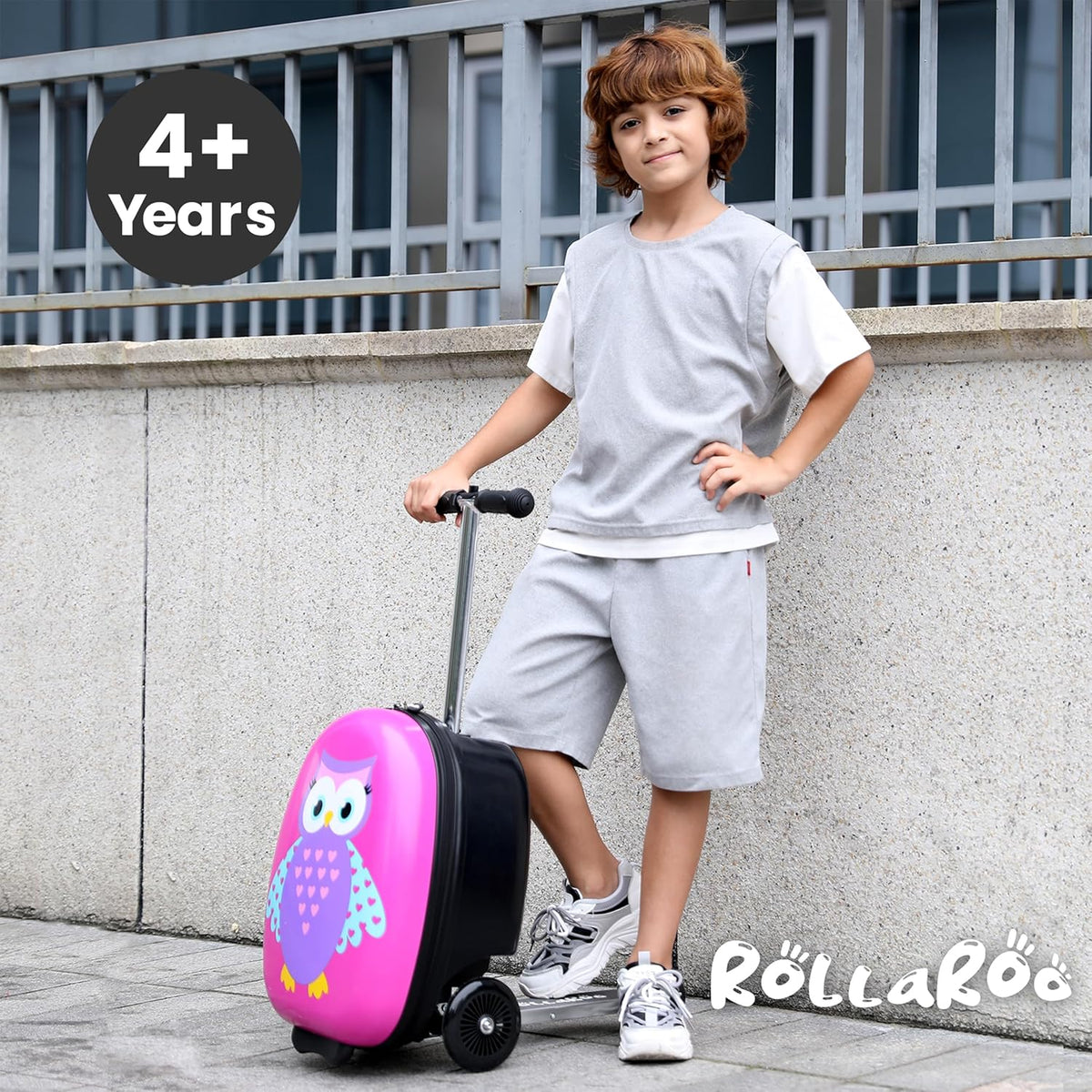 Owl Kids Scooter Suitcase - Folding Kids Luggage with Wheels - Multifunctional Ride on Luggage Travel suitcase with Strong Grip, Easy Locks and Zippers โ Capacity to Hold 110LB