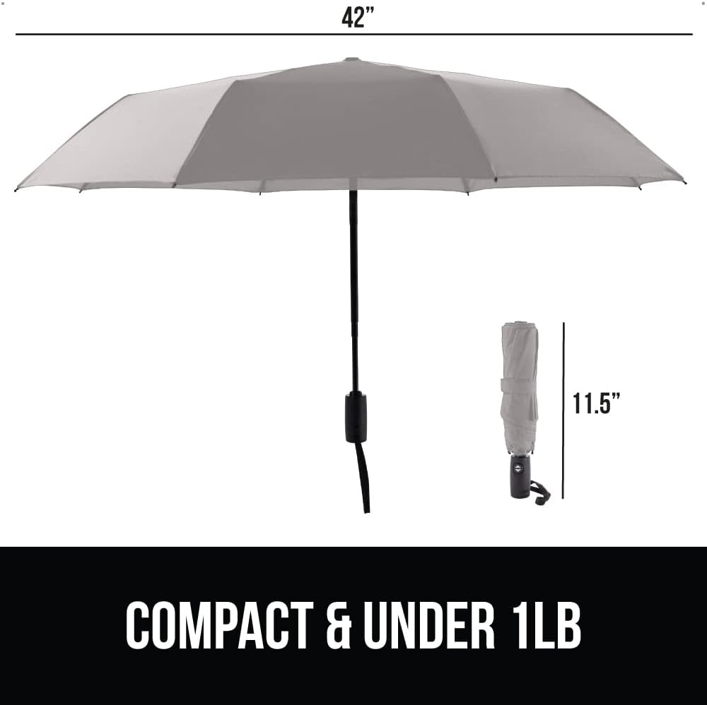 GORILLA GRIP Strong Stick Umbrella for Rain, Compact Travel One-Click Automatic Open Close, Lightweight, Portable, US Designed Reinforced Fiberglass Ribs, Wind Resistant, Easy Collapse, Gray