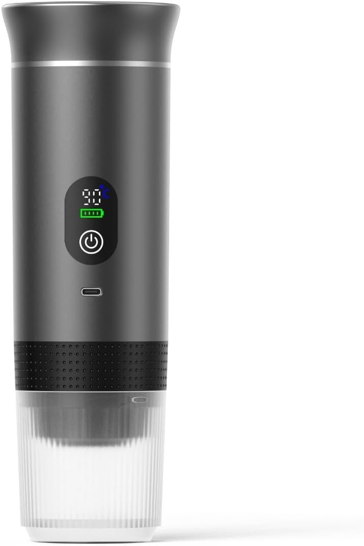 Portable Electric Coffee Maker, Digital Display, Compatible with Coffee Pods,Rechargeable Coffee Machine for Travel, Camping, RV,Home,Office (grey)