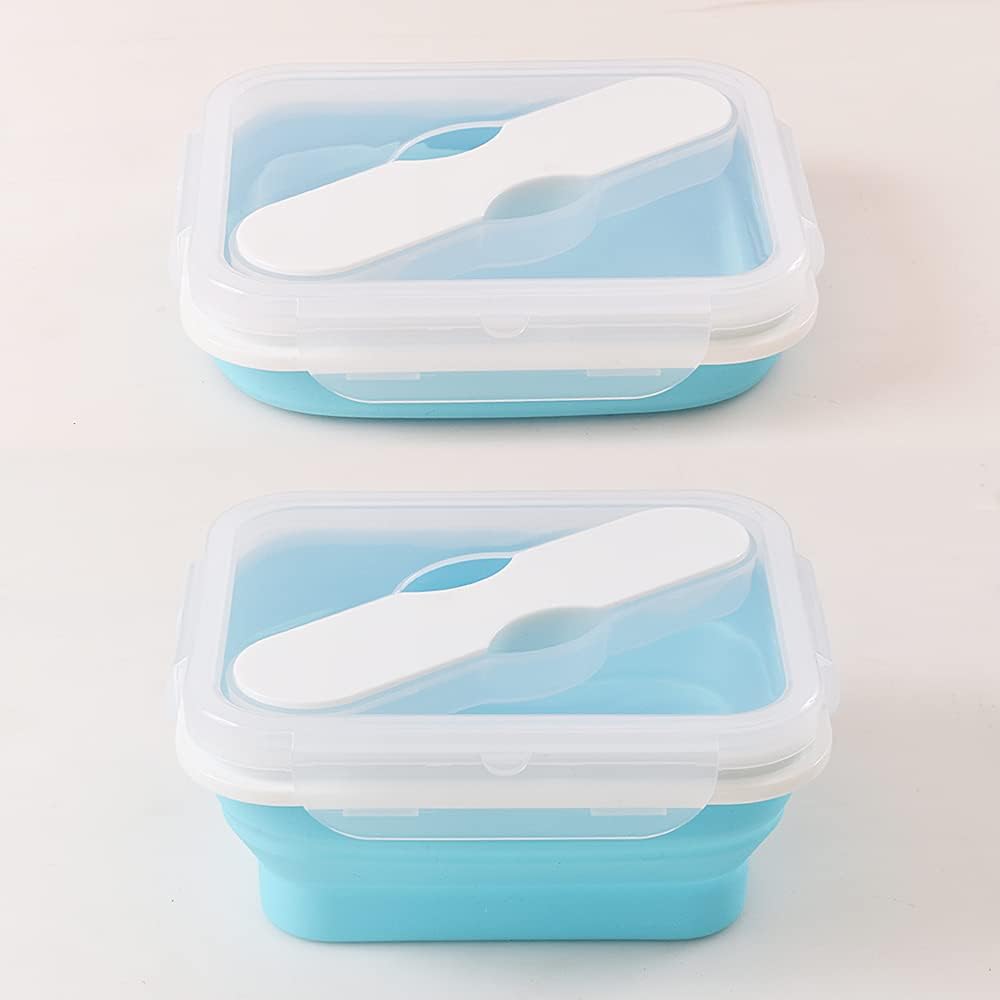 Silicone Lunch Container With Spoon & Fork, Bento Box, Collapsible Food Storage Container with Clip-on Lid, 20 Oz