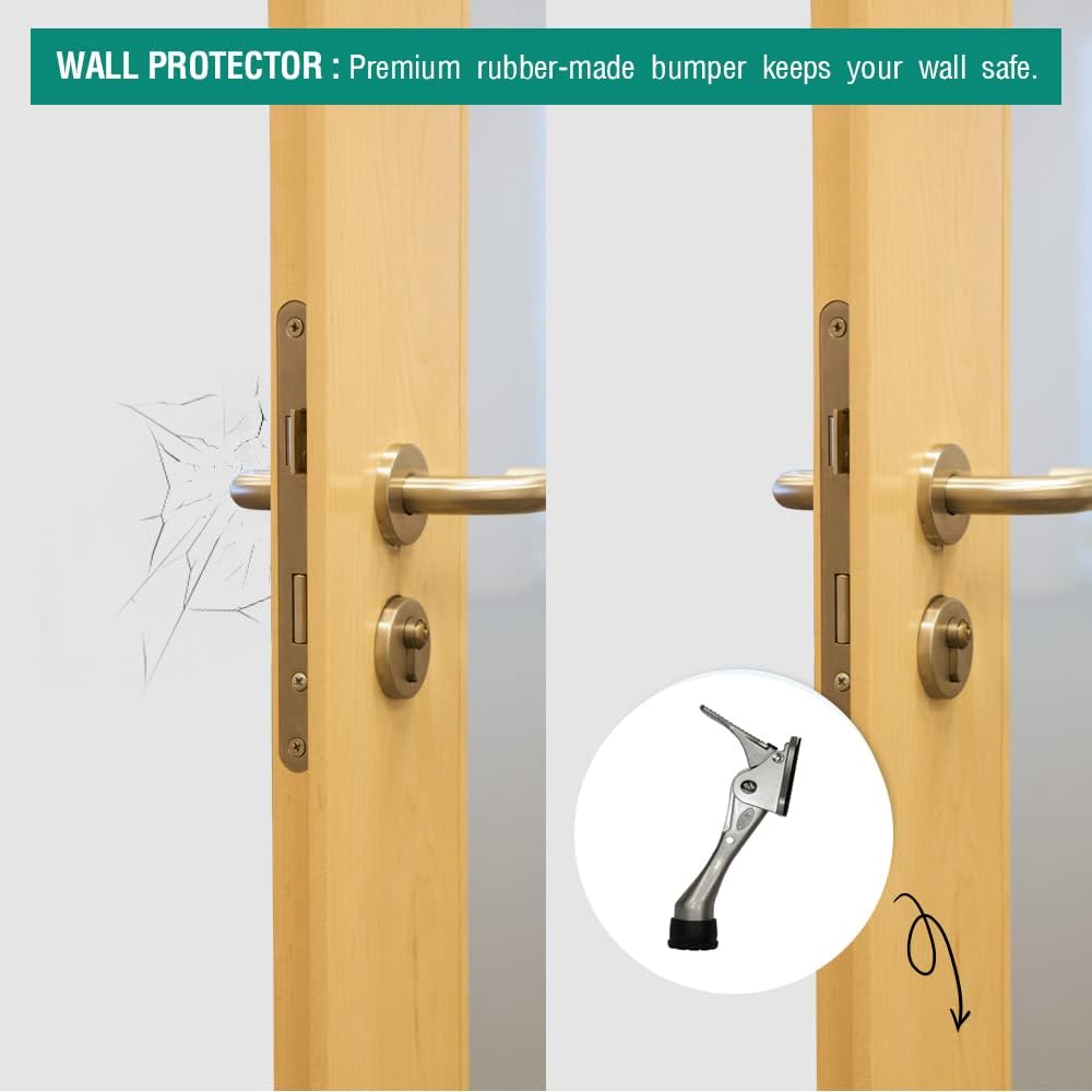 One Touch Kickdown Door Stopper, Door Holder, Heavy Duty Door Stops, Bottom of Door, Height-Adjustable Rubber Tips by HASHI (Chrome 4 inch x 1pack)