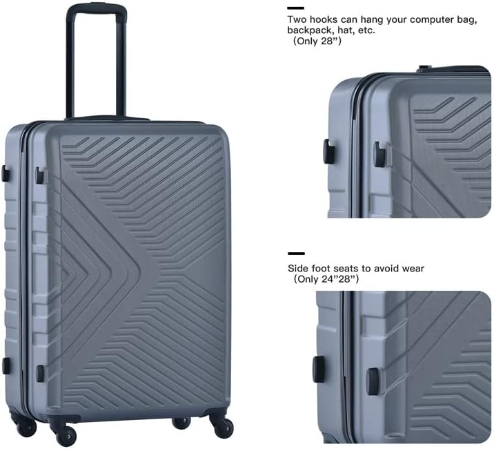 Campfun 3 Piece Luggage Sets, Hardshell ABS Luggage with TSA Lock, Carry On Suitcase Sets Lightweight Durable with 2 Hooks & Spinner Wheels, 20in/24in/28in - Grey(C)