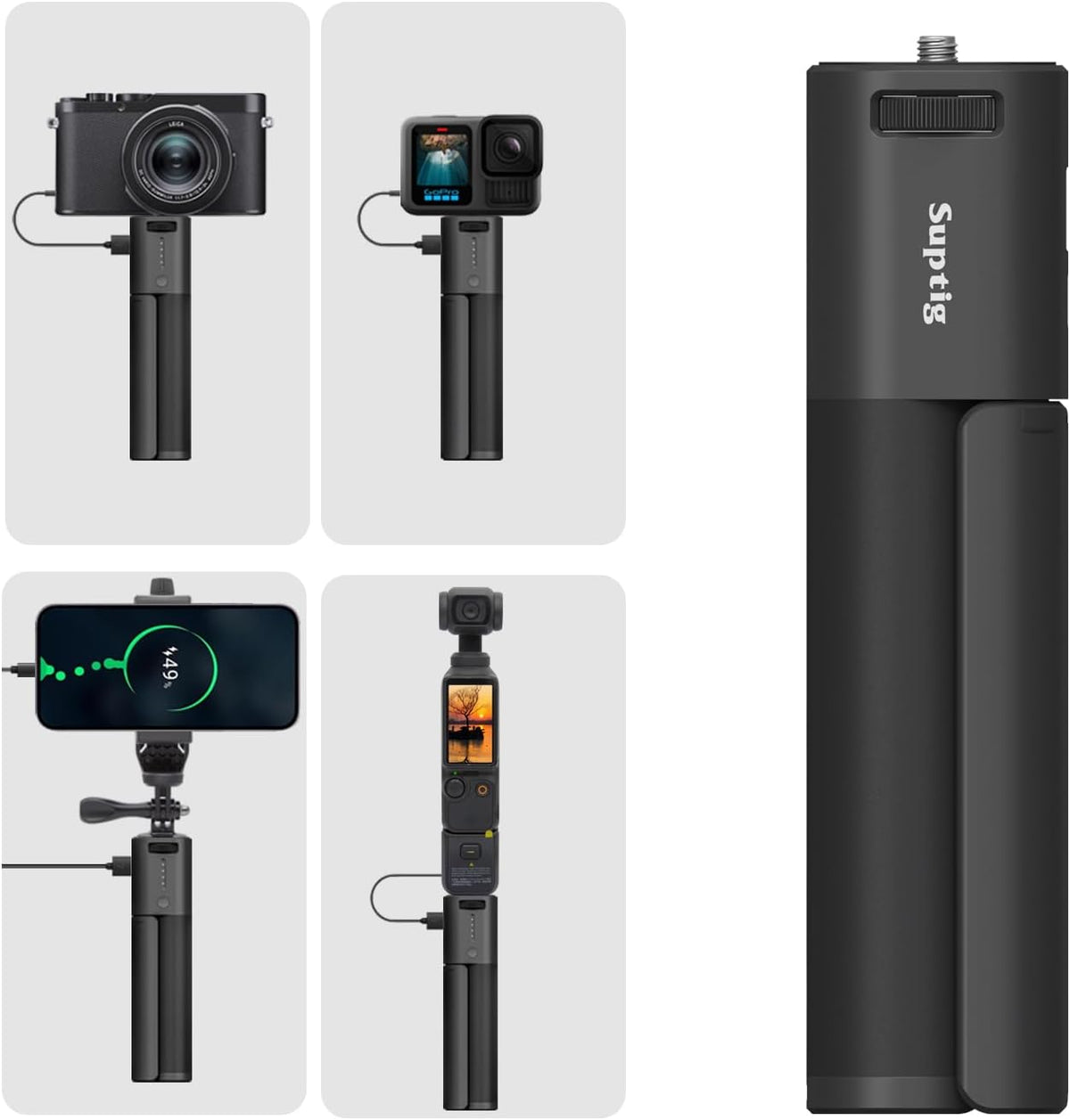 Suptig Handle Power Bank Mount, Battery Charger 10000mAh Comptible for Gopro Hero 13, Hero 12, Hero 11, 10-5, DJI osmo Pocket, Canon, Akaso, DJI Action, Insta 360, Phone, Sony, Digital Cam.