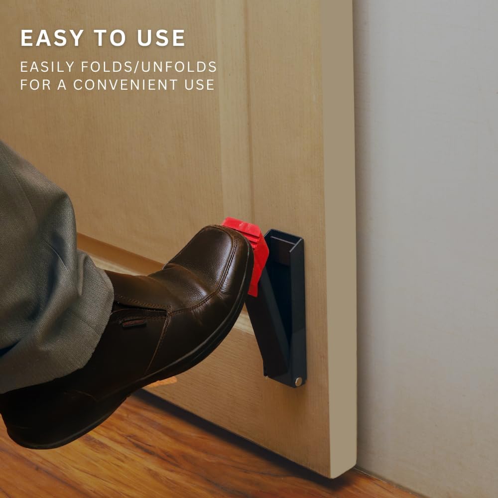 2 Pack Door Stop, No Drill Door Stoppers - Kickdown Doorstop for Home, Glass Doors, & Outdoors, Easy to Install Doors with Self Adhesive Door Stopper, No Screw Flip Down Portable Door Stopper - Black