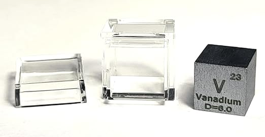 0.39" 10mm Vanadium Metal Cube V up to 99.9% Pure Periodic Table Element Engraved Density Collection Science Education Display Block Cube + Acrylic Case Box - 1PC