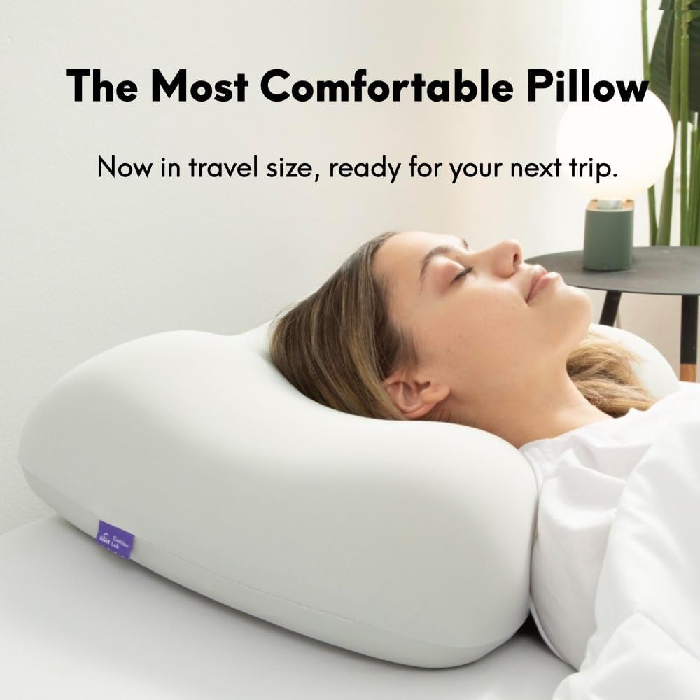 Cushion Lab Travel Deep Sleep Pillow – Compact Memory Foam Neck Pillow for Sleeping, Portable Pillow for Hotels, Camping, Side & Back Sleepers, On-The-Go – Calm Grey