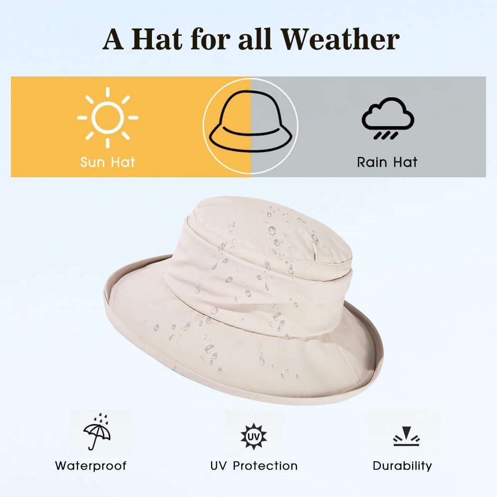 Comhats Rain Hat for Women Waterproof Wide Brim Sun Hats for Ladies UV Protection Summer Bucket Hats Beach Packable 55-62CM