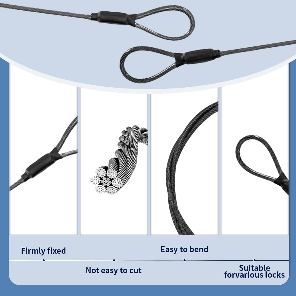 3.3mm (1/8 Inch) Outdoor Travel Stainless Steel Security Cable-6ft Luggage Lock Safety Wire Flexible Steel Wire Rope with Double Loop Safety for Luggage, Bike, Lock(Black, 6ft-(2Pack)