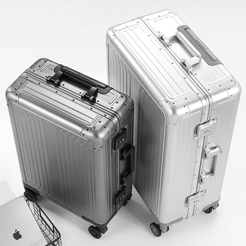 Metal all aluminum carry-on suitcase 20 "hard face, TSA lock and rotating wheel zippered luggage set (black, 28 '')
