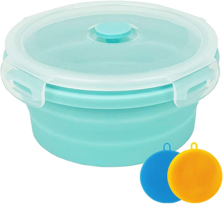 CARTINTS Small Collapsible Bowl Silicone Food Storage Containers Collapsible Camping Bowl for Travel Camping Hiking with Airtight Plastic Lids and 2Pack Silicone Dish Sponges- Blue, 350ml