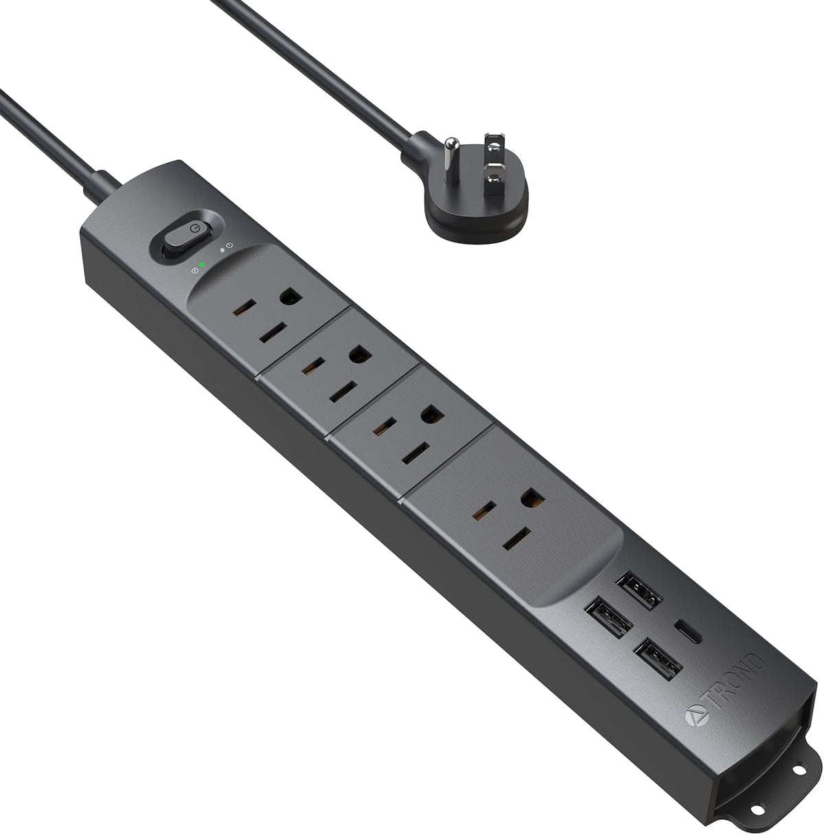 TROND Surge Protector Power Strip with USB, Ultra Thin Flat Plug 3ft Extension Cord 1625W, 3 USB A & 1 USB C, 4 AC Outlets 1440J Surge Protection, ETL Listed, Wall Mount for Home Office Dorm, Black