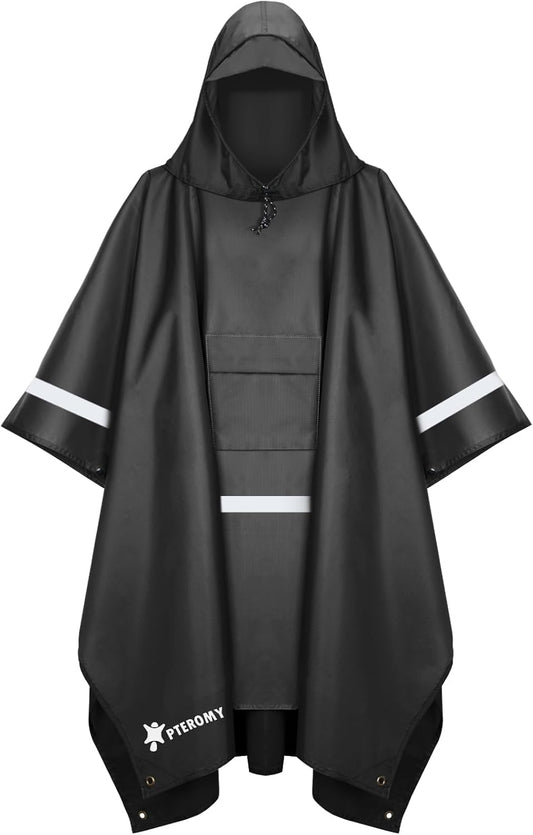 PTEROMY Hooded Rain Poncho for Adult with Pocket, Waterproof Lightweight Unisex Raincoat for Hiking Camping Emergency