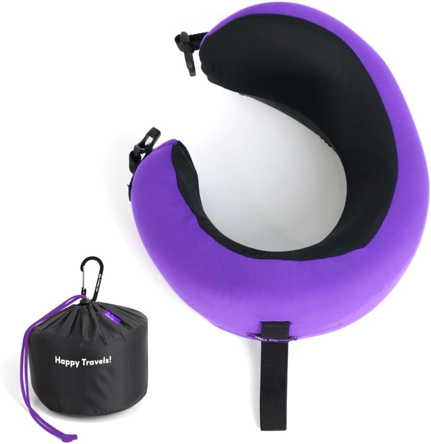 C CUSHION LAB Travel Pillow, Award-Winning Patented Ergonomic Design for Chin & Neck Support Memory Foam Neck Pillow, Compact Airplane Pillow for Traveling, Flight, Car (Royal Purple, Medium)