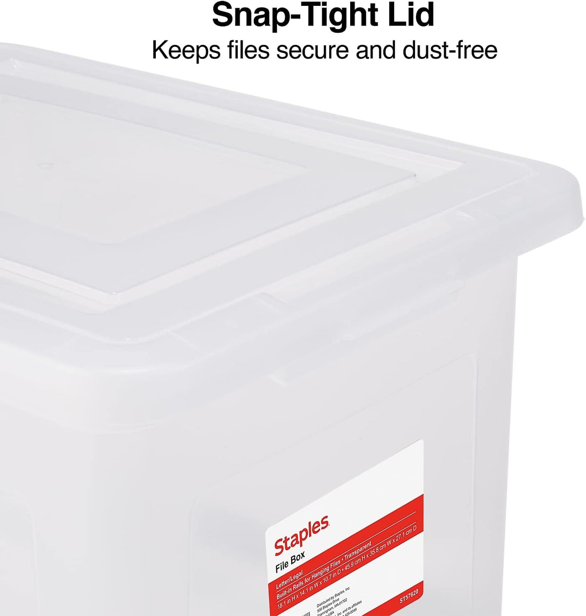 STAPLES Hanging File Folder Box, Storage Bin Organizer, Snap Lid, Letter & Legal Size Documents, Clear