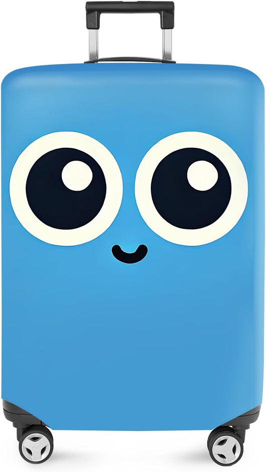 ANNA QUEEN Cute Smiley Face Luggage Cover, Blue Cartoon Suitcase Protector with Big Eyes Design, Stretchable, Washable Travel Cover for 20-22 Inch Luggage
