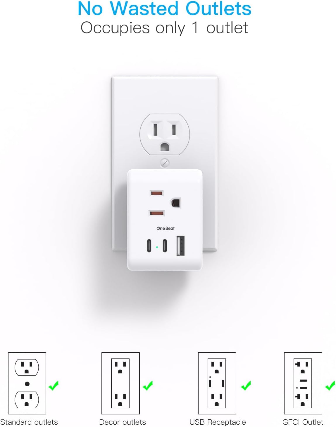 Multi Plug Outlet Extender, Power Strip Non Surge Protector Electric Outlet Splitter with 3 USB Wall Charger (2 USB C), Multiple Outlet Expander for Cruise, Dorm, Travel, Home, Office(White)
