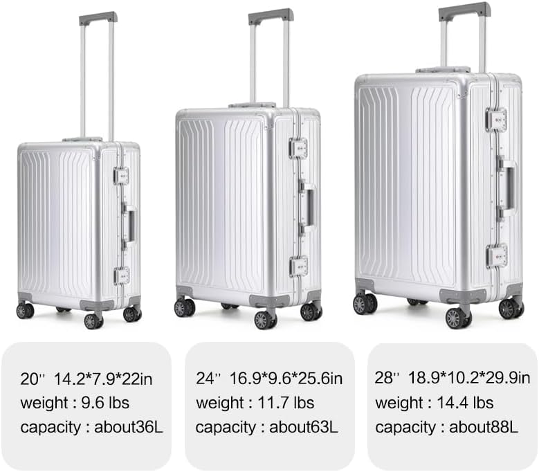 Metal all aluminum carry-on suitcase 20 "hard face, TSA lock and rotating wheel zippered luggage set (dark grey, 2Piece(20/28))