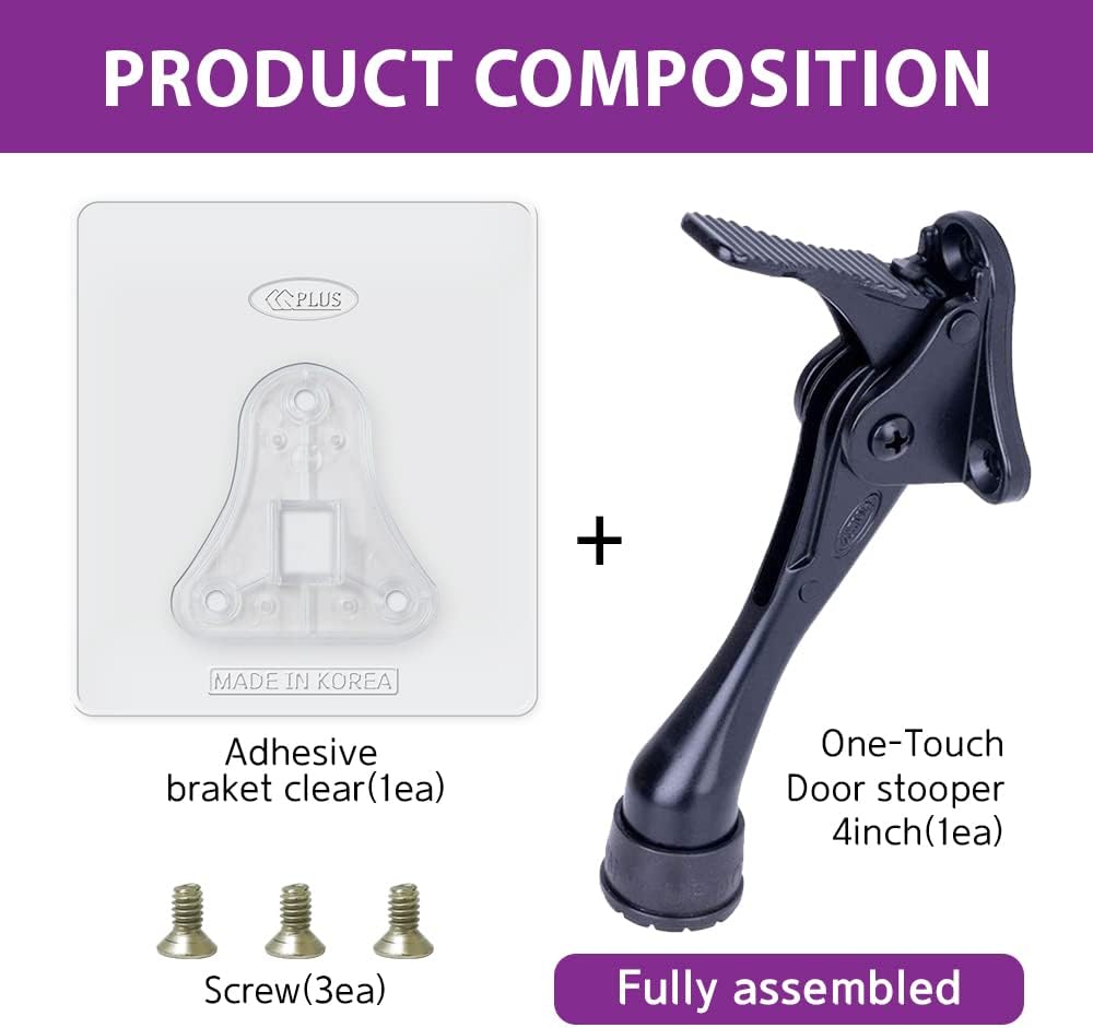 Door Stopper with Adhesive Bracket Stickers, No Drilling or Tools Needed, Available for All Doors, Door Holder, Heavy Door Stop, KickDown Door Stoppers, Bottom of Door by HASHI (Black/Bracket 2pack)