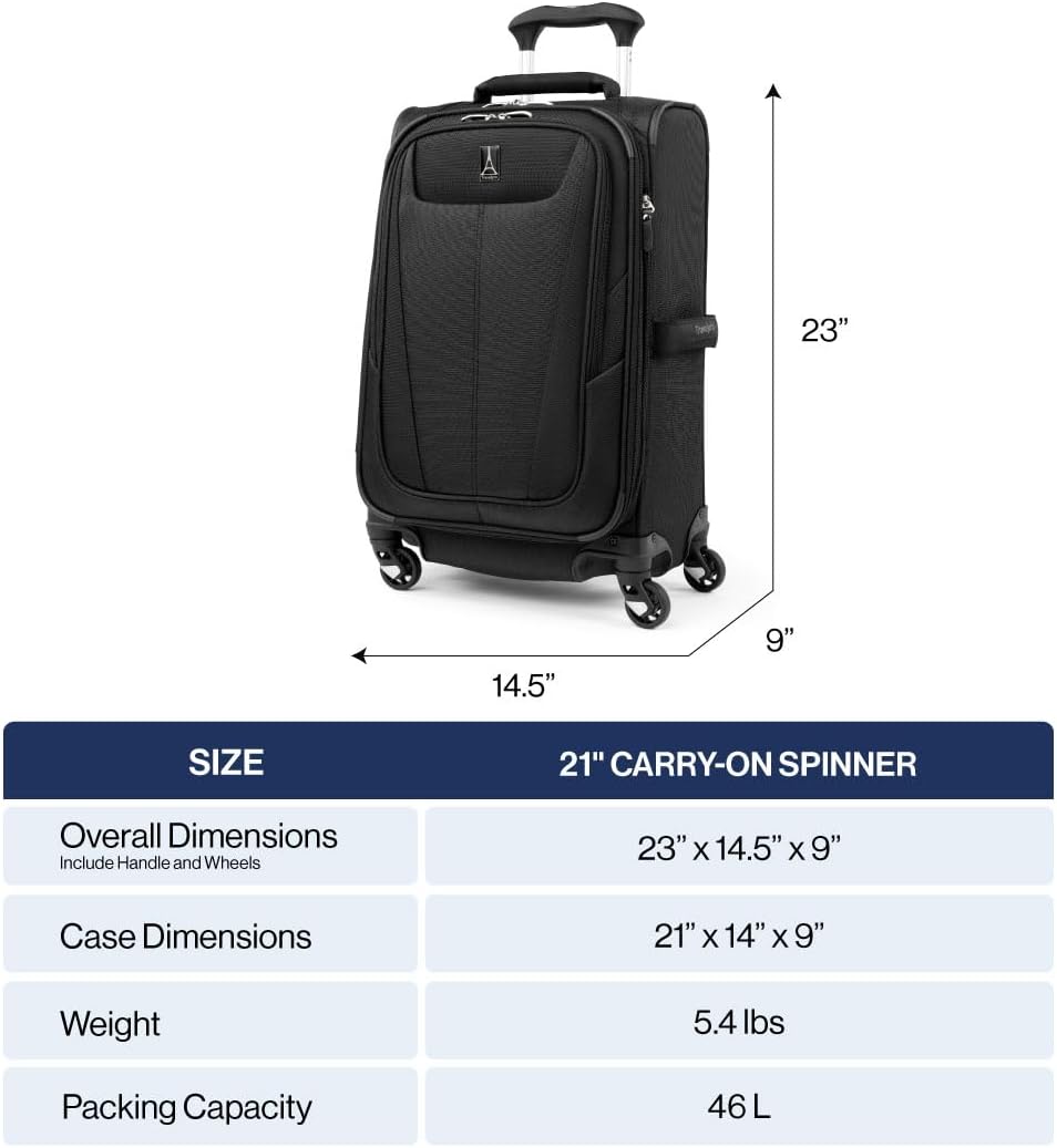 Travelpro Maxlite 5 Softside Expandable Carry-On Luggage with Spinner Wheels, Lightweight, 21-Inch — Black