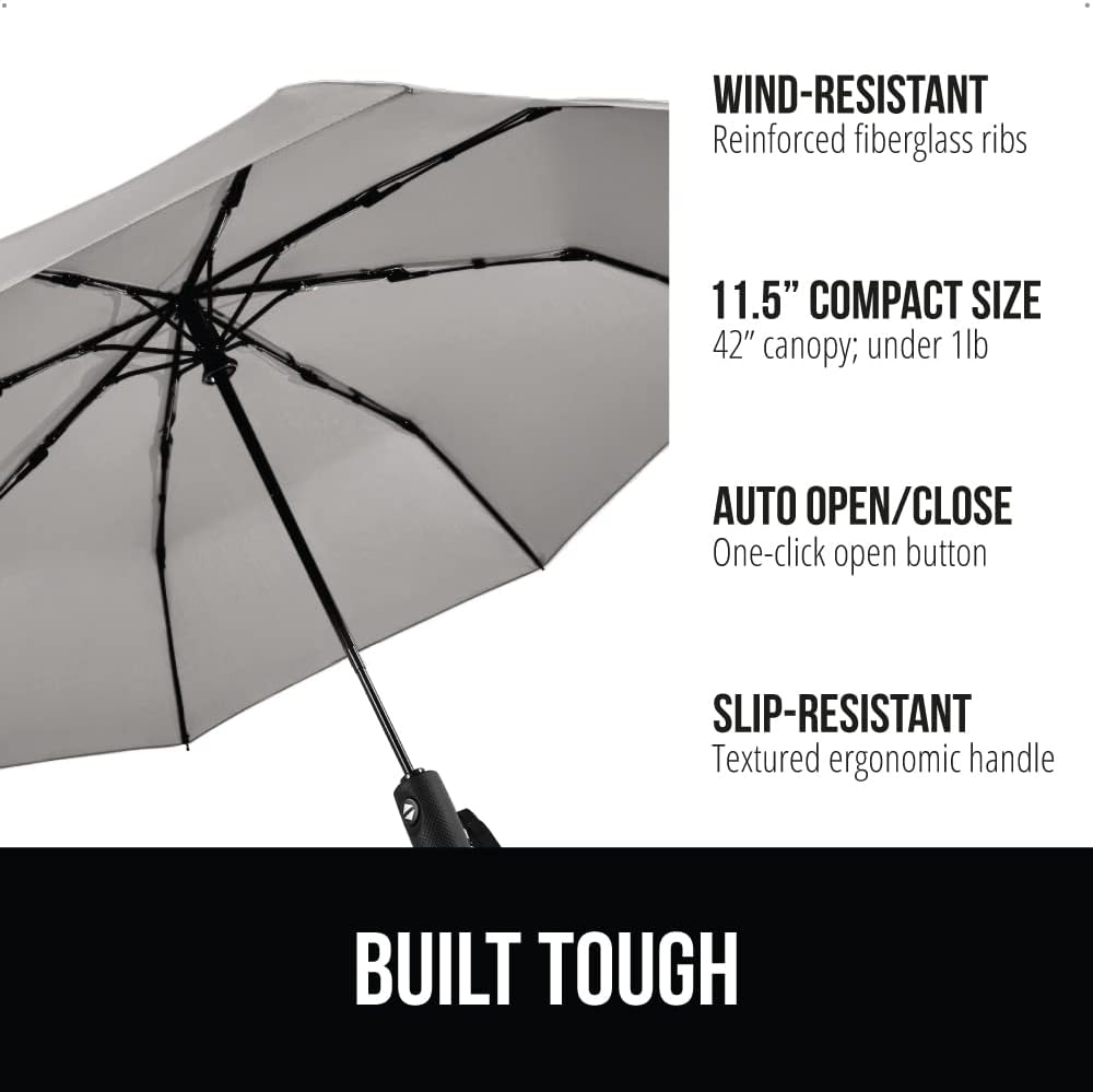 GORILLA GRIP Strong Stick Umbrella for Rain, Compact Travel One-Click Automatic Open Close, Lightweight, Portable, US Designed Reinforced Fiberglass Ribs, Wind Resistant, Easy Collapse, Gray
