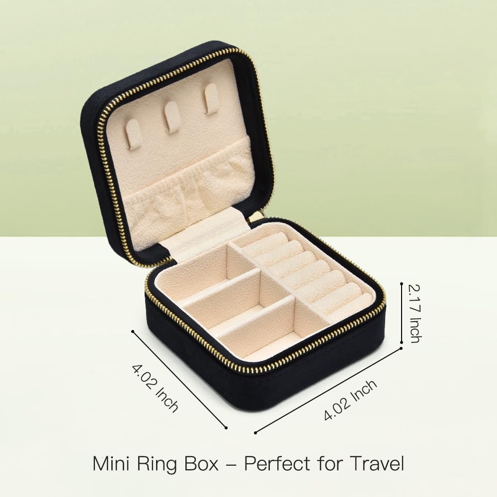 Travel Jewelry Case, Small Plush Velvet Jewelry Box for Women and Girls, Portable Jewelry holder organizer for Rings Earrings Necklaces Bracelets(Black)