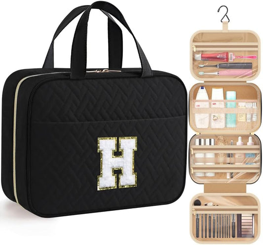 HOTOR Travel Toiletry Bag - Personalized Chenille Initial Makeup Bag, Water-Resistant Personalized Gifts for Women, Portable Travel Accessories & Essentials, Letter H, Black, 11.4"×9.0"×3.35"