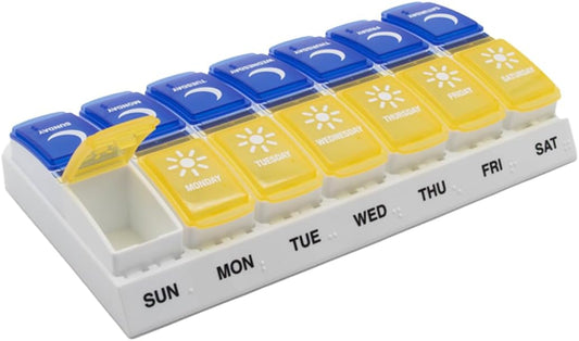 EZY DOSE Weekly (7-Day) AM/PM Pill Organizer, Daily Vitamin Container and Medicine Box, Large Pop-Out Compartments, Designed for Travel, 2 Times a Day, Blue and Yellow Lids