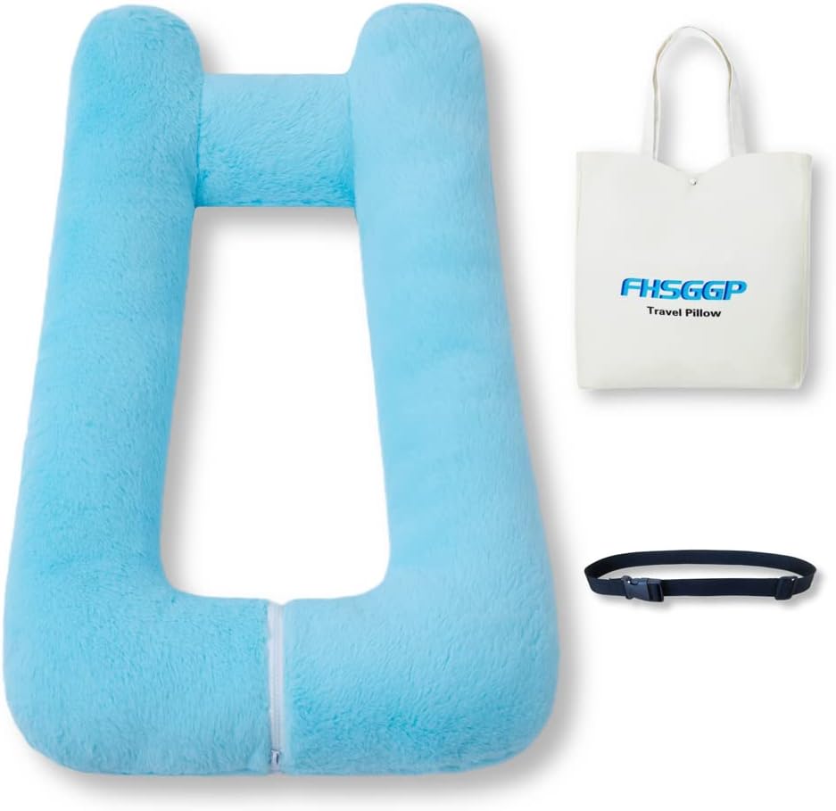 Travel Pillow Upgraded Version of Aircraft Travel Neck Pillow with Storage Bag, Sleep Pillows for Travel by Train, Car, or Plane, Supporting The Head and Body, Travel Pillow for Kids Blue