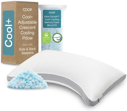 Coop Home Goods Cool+ Crescent Adjustable Pillow, King Size Plus Shaped Memory Foam Pillows with Cooling Gel, Neck Support, Back or Side Sleeper Pillow, CertiPUR US/GREENGUARD Gold