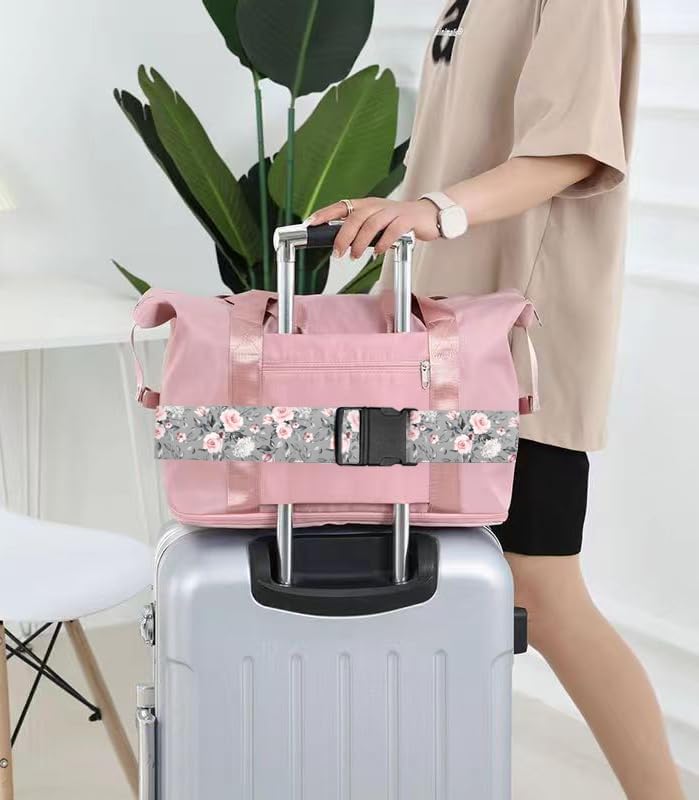 Luggage Straps for Suitcases Travel Belt Accessories, Cute Suitcase Strap, Adjustable Luggage Belt Strap, Heavy Duty with Quick-Release Buckle Luggage Strap Grey Pink Roses