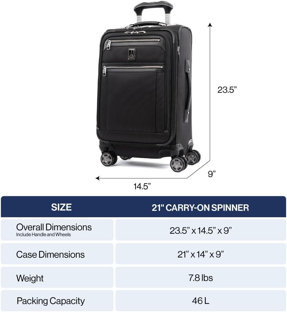 Travelpro Platinum Elite Softside Expandable Carry on Luggage, 8 Wheel Spinner Suitcase, USB Port, Suiter, Men and Women, Shadow Black, Carry On 21-Inch