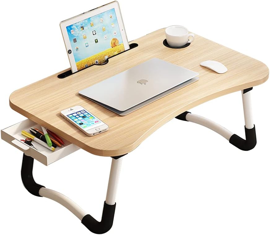 Lap Desk with Storage Drawer, Holders for Cup and Tablet, Laptop Bed Tray Table with Foldable Legs, Laptop Bed Stand, Portable Standing Table for Sofa Couch Floor (23", Walnut)