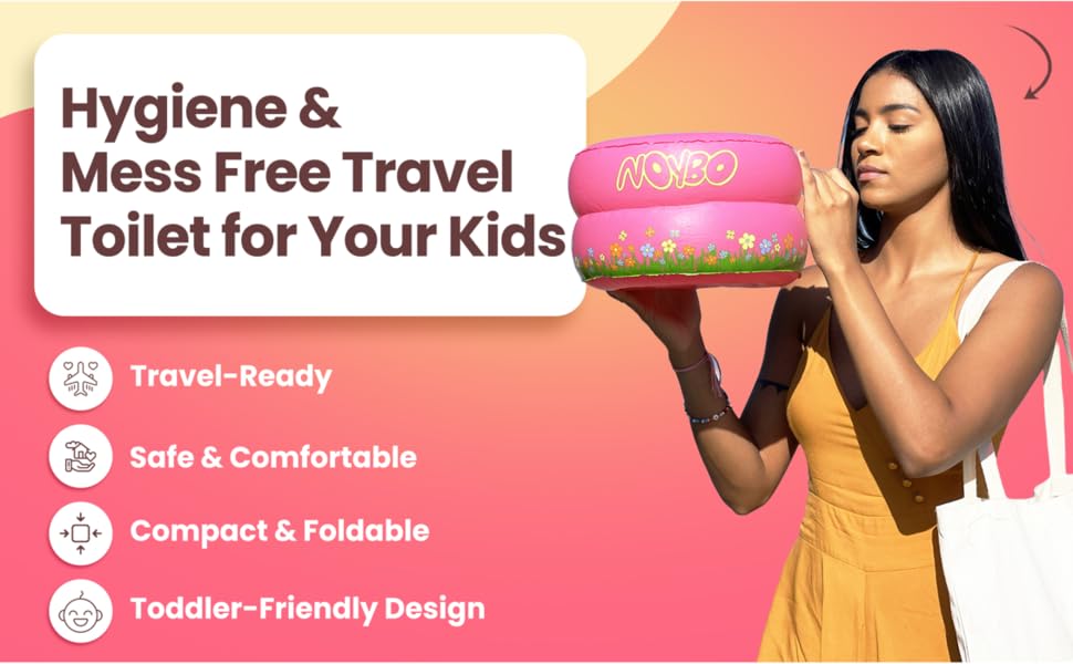 Travel Potty Seat for Toddlers - Inflatable Portable Toilet Kids Chair, Foldable Compact Lightweight Potty for Camping Road Trips, Outdoor Car Travel, Holds 66 lbs and 20 Durable Disposable Bags