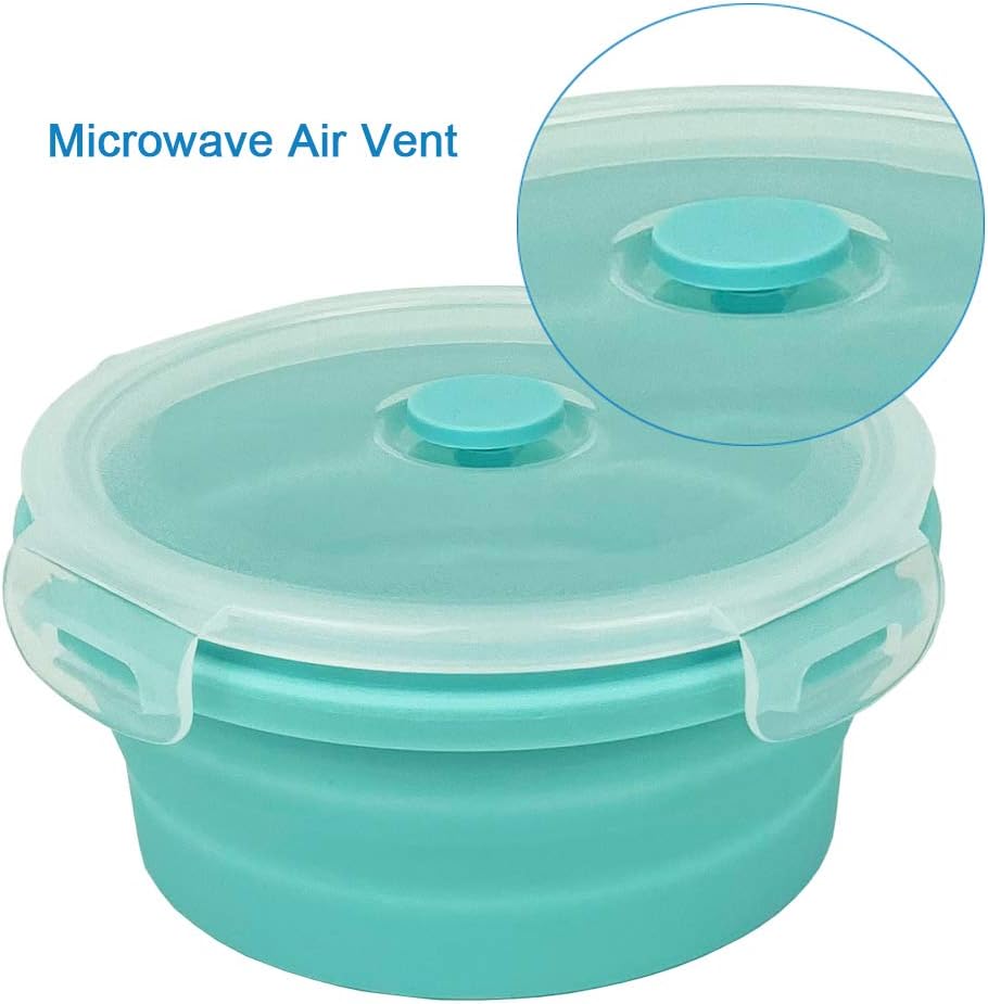 CARTINTS Small Collapsible Bowl Silicone Food Storage Containers Collapsible Camping Bowl for Travel Camping Hiking with Airtight Plastic Lids and 2Pack Silicone Dish Sponges- Blue, 350ml