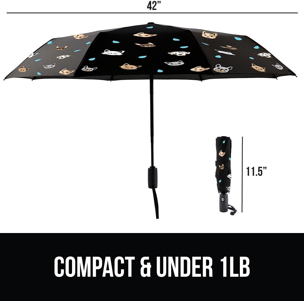 GORILLA GRIP Strong Stick Umbrella for Rain, Compact Travel One-Click Automatic Open Close, Lightweight, Portable, US Designed Reinforced Fiberglass Ribs, Wind Resistant, Easy Collapse, Cats Dogs