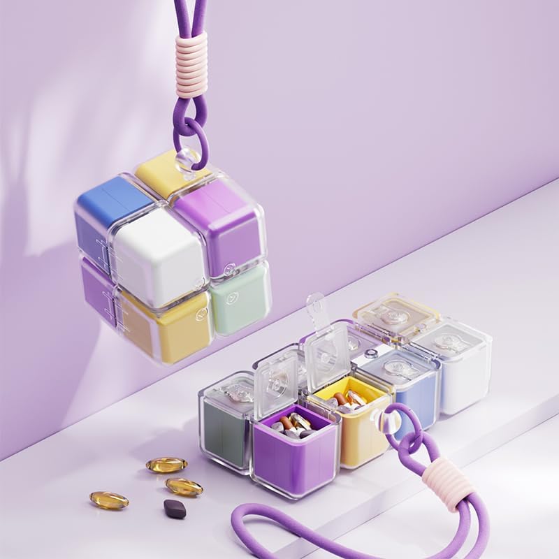 Purse Pill Organizer,Magnetic Cube Cute Pill Box,Pill Compact with 8 Compartment,Vitamin Container Weekly Pill Case (Blue)