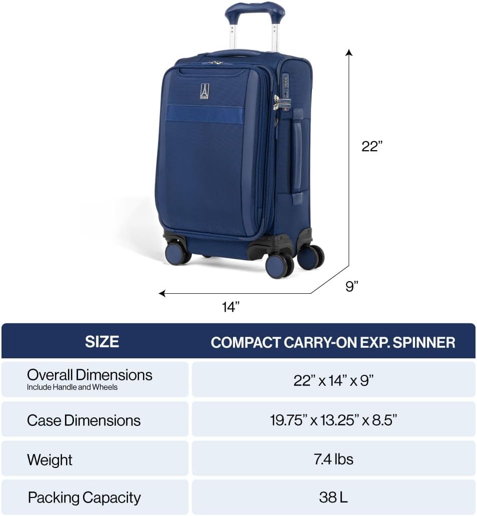 Travelpro VersaPack+ Lightweight Softside Expandable Carry on Luggage, 8 Spinner Suitcase, TSA Lock, Men and Women, Compact Carry On 20-Inch, Estate Blue