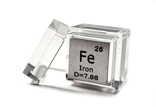 0.39" 10mm Iron Ferrum Metal Cube Fe up to 99.9% Pure Periodic Table Element Engraved Density Collection Science Education Display Block Cube + Acrylic Case Box - 1PC