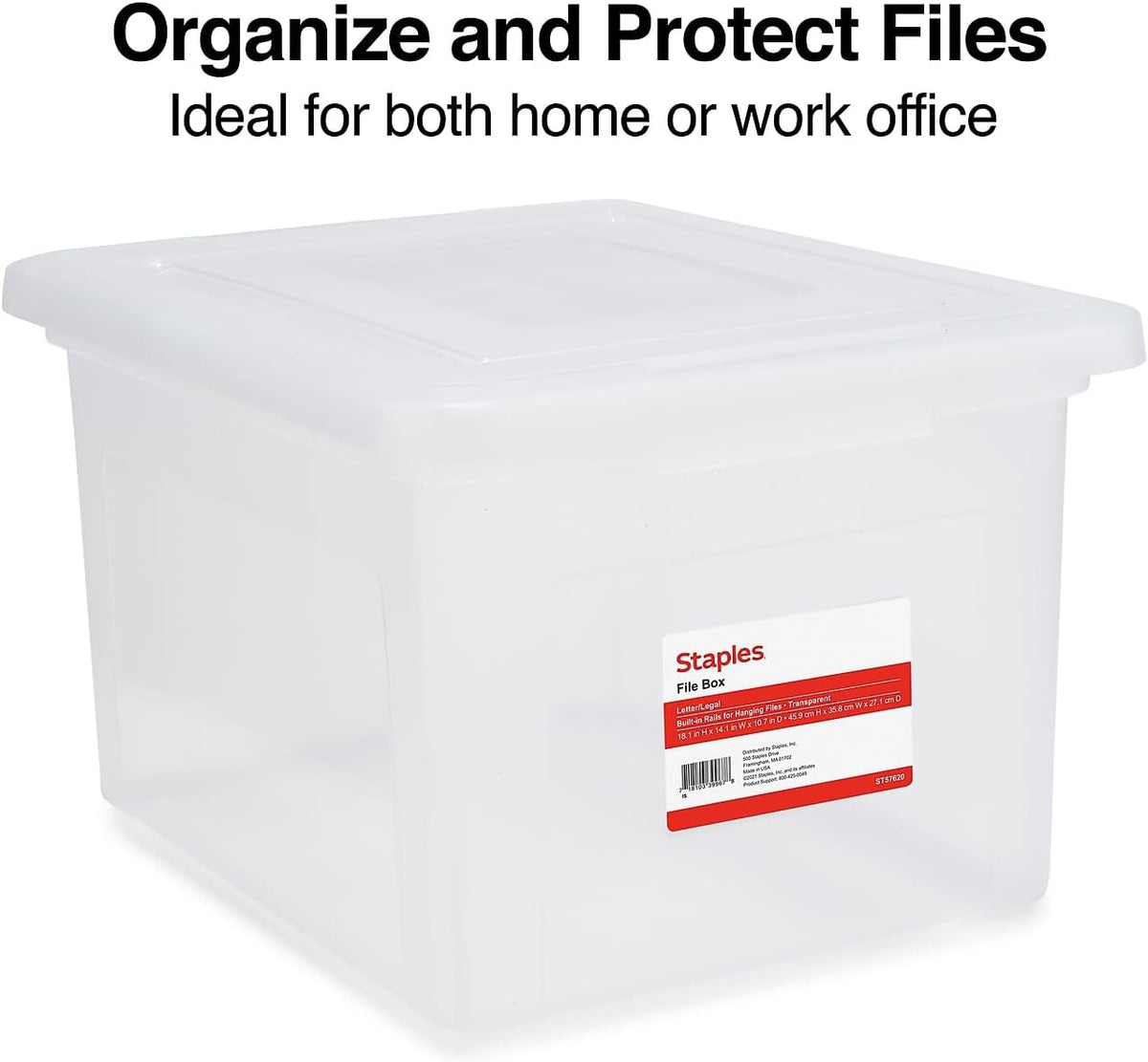 STAPLES Hanging File Folder Box, Storage Bin Organizer, Snap Lid, Letter & Legal Size Documents, Clear