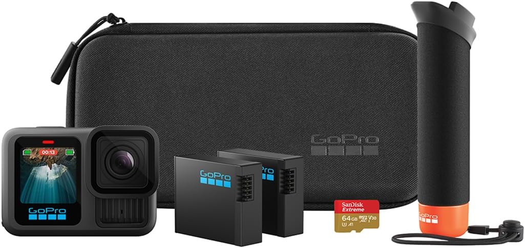 GoPro HERO13 Black Accessory Bundle - Includes The Handler, 2 Enduro Batteries, 2 Curved Adhesive Mounts, 64GB SanDisk MicroSD Card, and Carrying Case, Head Strap & Card Reader