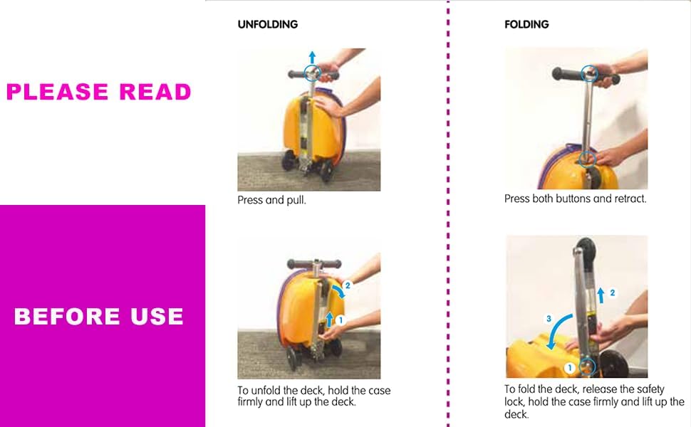 Owl Kids Scooter Suitcase - Folding Kids Luggage with Wheels - Multifunctional Ride on Luggage Travel suitcase with Strong Grip, Easy Locks and Zippers – Capacity to Hold 110LB